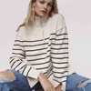 Wixra Mulheres Camisola Striped Casual Zipper Mock Neck Split Senhoras De Malha Senhoras Pulôver Top Outono High Streetwear 211221