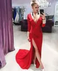 Sexy Czerwone Długie Rękawy Suknie Wieczorowe Syrenka Głębokie V Neck Formalna Zroszona Prom Party Dress Z Split Slit Vestido Longo Festa