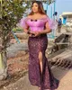 Sexy Off The Ramię Mermaid Prom Dresses Aso Ebi EBI Afryki Fuksja i Fioletowe Suknie Wieczorowe Koronki Side Split Party Dress