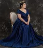 New Royal Blue V-neck Ball-Gown Cap-sleeves Satin Floor-length Custom Made Mother's Dresses with Ruffles