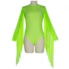 Neon Green Fishnet Grid Tassel Bodysuits Mujeres de manga larga Opacidad Mono Party Clubwear Rave Festival Ropa Playsuit T200702