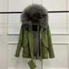 Män Coats Mukla Furs Märke Grå Fur Trim Grå Kanin Fur Liner Army Green Mini Parkas Snöjackor med Raccoon Fur Trim Hoody