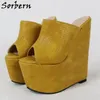 Sorbern Yellow Wraped Style Women Slippers 샌들 여름 신발에 발가락을 엽니 다. 웨지 플랫폼 유니섹스 슬라이드 야외 사용자 정의