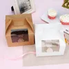 ギフトラップ10ピース/ロットクラフト紙箱、ハンドル正方形の結婚式の白い段ボールケーキウィンドウ茶色のカップケーキパッケージギフト1