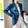 Blazer bleu pour femmes automne tendance style coréen luxe satin costume veste OL manteau de travail femme vêtements de dessus 201201