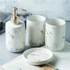 Nordic Bathroom Accessories Set Marble Texture Toothbrush Cup Four Pieces Sets with Two Rinse Cup Soap Dish and Lotion Dispenser LJ201204