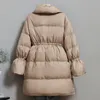 FitAylor Winter Mulheres Stand Colar Long Down Parka Cor Sólida Manga Longa Lace Up Zipper Down Casaco Quente Neve Jaqueta Outwear 201023