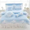 100%Cotton Thick Quilted lace Bedding set King queen Twin size Bed set Princess Korean Girls White Pink Bed skirt set Pillowcase T200706