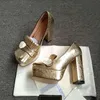 Designer cowhide fashion dress shoes thick-heeled women's gold high heels spring and Autumn Metal Buckle fringed women's high-heeled Bride's