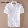 2020 Summer Men 4XL Casual Shirts Solid White Short Sleeve Cotton Linen Dress Shirts Camisa Masculina