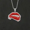 Hip Hop plaqué or 18 carats lèvres rouges Micro Zircon Collier lèvres Pendentif avec corde en acier inoxydable