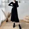 Julypalette Katı Örme Elbise Güz Kış V Yaka Ince Uzun Kollu Elbise Zarif Bayanlar Siyah MIDI Uzunluk Kazak Elbiseler 211221