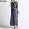 Vonda Long Shirt Dress Women Autumn Casual Lapel Secon Długie rękawe sukienka Sexy Buttons Podzielone paski Vestidos plus rozmiar T200319