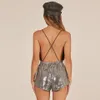 Karlofea 새로운 스팽글 스트랩 Playsuit V-Neck 섹시한 클럽 파티 Rompers 민소매 백리스 실버 여름 생일 짧은 점프 슈트 T200704