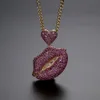 Hip Hop Full Red Zircon Shining Lips Pendant Necklace Gold Plated Bling Mens Necklace Rap Jewelry