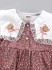 Toddler Girls Ditsy Floral Bear Print Sailor Collar Flounce Sleeve Ruffle Hem Dress SHE