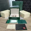 Rol lujo Caja de reloj verde de alta calidad Estuches Bolsas de papel certificado Cajas originales para mujer de madera para hombre Relojes Bolsas de regalo Accesorios bolso submarino x