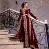 Burgundy Velvet Prom Formal Dresses with Overskirt 2021 Karakou Algérien Luxury Gold Lace Embroidery Kaftan Caftan Evening Gowns