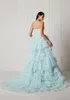Sky Blue Evening Dresses Sexy Sweetheart Lace Tiered Prom Kolkar 2021 Skräddarsydda Backless Sweep Train Special Occasion Dress