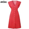 Aproms Boho Polka Dot Print Dress Women Casual ärmlös V Neck Red Sundress Midi Dress Female Beach A Line Dress Vestidos LJ200810