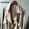 Aachoee elegante cor sólida windbreaker mulheres casaco com bolsos moda split hem faixas outwear casual longa trinchada 201102
