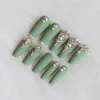 24pcs nieuwste snoep lange ballet handgemaakte kristal diamant Matte nepnagels sexy groen5058365