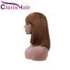 Kort Bob Human Hair Wig Peruvian Remy Straight Blunt Cut Non Lace Gluseless Paryk för Svarta Kvinnor # 4 Mörk Brun Full Machine Wig med Bangs