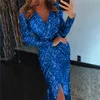 Casual Dresses Sexy V-neck High Slit Dress Women Glitter Sequined Evening Party Bodycon Spring Autumn Long Sleeve Midi Tunic266U