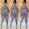 Dames Cartoon Patchwork Denim 2pcs Ensembles Tendance De La Mode Sling Gilet Tops Jeans Skinny Femmes Costumes Designer Été Femme Sexy Pantalon Deux Pièces