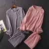 Womens Cotton Water-washed Texture Crepe Gaze Langarmhose Pyjamas Haushaltsanzug Plus Size Umstandsset Kleidung 201027