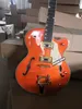 Super Rare 6120SSU Brain Setzer Orange Tiger Flame Maple Top Semi Hollow Body Electric Guitar Double F Hål, Bigs Bridge, Gold Hardware