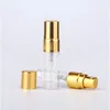 100 pc / lote 3ml portátil amostral garrafa de vidro transgrata o atomizador de perfume de vidro com recipiente de viagem de bomba de metal ouro
