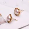 Kvinnor Designers Earing Hand-sår Örhängen 14K Gold Stud 9-10mm Oblate Flawless Freshwater Pearl Enkel stil