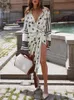 Kvinnor Elegant Summer Office Leisure Asymmetrical Midi Casual Dress Eyecatching Print Twisted Design Shirt Dress T200117