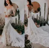 2022 BOHO Uzun Kollu Mermaid Gelinlik Backless Gelin Kıyafeti Dantel Aplike Sweep Tren Custom Made Plaj Bahçe Artı Boyutu Vestido De Novia Bes121