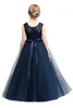 Cute Navy Blue Tulle A Line Sash Long Flower Girls' Dresses Crew Neck Sleeveless Lace Top Birthday Party Little Girl Dresses