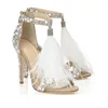 2021 moda piuma scarpe da sposa 4 pollici tacco alto cristalli strass scarpe da sposa con chiusura lampo sandali del partito scarpe per le donne Siz205M