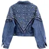 Women's Jackets 2022 Fashion Bead Diamond Denim Jacket Women Coat Hand-studded Tassel Femme Loose Short Jeans Coats Student Streetwear P390