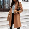 Autumn Turn-down Collar Mid-Long Pocket Coat Elegant Office Lady Button Solid Jacket Winter Long Sleeve Slim Cardigan Outwear3XL