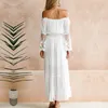 Summer Elegant Off Shoulder Long White Dress Women See Through Lace Sheer Mesh Patchwork Boho Holiday Beach Maxi Dress