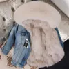 Women Winter Jacket Soft Warm Denim Jacket Natural Fox Lined with Fox Fur Collar Park Coat Fashion Warm Loose FUR Parka 201128