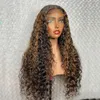 Perruque Lace Wig brésilienne Remy bouclée en soie, cheveux naturels à reflets brun miel blond, 5x5 pouces, 13x6, densité 150, ombré