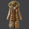 Frankrike varumärke kvinnor lång vinter down jacka x-long kappa utkläder kvinnor smala kvinnliga rockar tjockare päls parka kappa kläder huva par160m