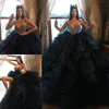 Black Ball Gown Wedding Dresses Sheer Plunging Neck Rhinestones Beaded Bridal Gowns Tiered Sweep Train Plus Size Tulle Vestidos De Novia 407