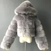 Solidne Z Kapturem Faux Fur Coats Kobiety Jesień Zima Ciepła Gruba Kurtka Furma Kobiet Luksusowy Puszysty Pluszowy Odzieży Odzieży Szczupły krótki płaszcz