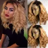 Ombre Pruiken 1B / 27 # Korte Bob Krullend Golvend Lace Front Pruiken Hittebestendige Synthetische Kant Pruiken voor Zwarte Vrouwen