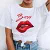 Mulheres Boca Vermelha Tops Beijo Beijo Impresso Menina Preto Verão Engraçado Leopardo Gráfico Camiseta Femme T Drop Ship