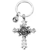 Creative Rose Cross Keychain with 12 Birthstones Jewelry Memorial Gifts Bag Pendant Key Chains Religious Christian Keyrings4906725