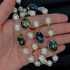 YYGEM natural White Rice freshwater Pearl Rosary Chain Faceted Pear labradorite Bezel Set sweater chain Wrap Necklace 28" Q0531