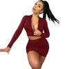 2022 Spring New Women Night Club Party Dresses Zipper Low Chest Elastic Tight Fitting Sexy Jacket Short Skirt Two Piece Set